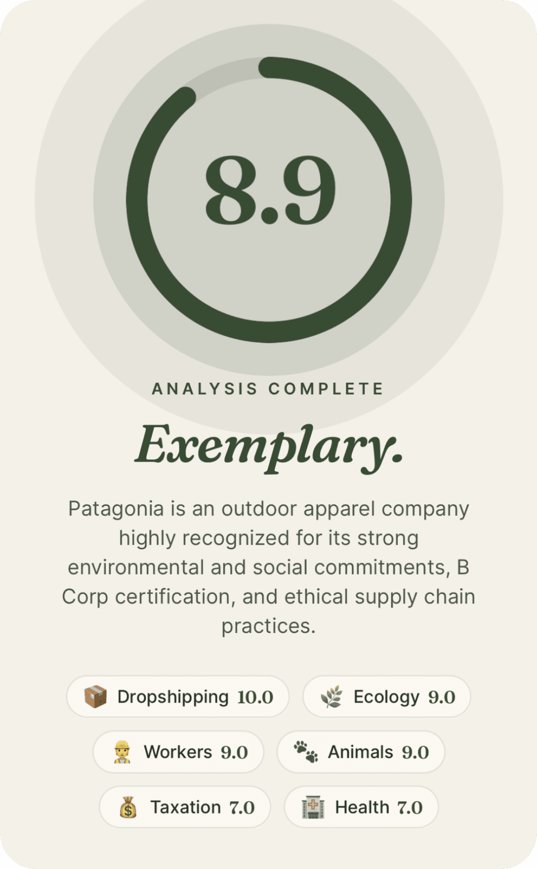 Ethara app showing the ethical score of a website in one click, with a detailed breakdown across seven dimensions: ecology, workers, dropshipping, taxation, animals, health, diversity